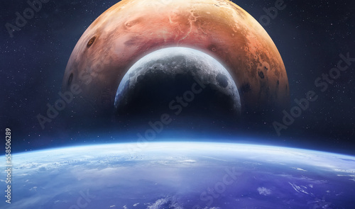 Fototapeta Naklejka Na Ścianę i Meble -  Earth surface, Moon and Mars in deep space. Solar system planets collage. Blue, red, gray planets. Universe sci-fi wallpaper. Elements of this image furnished by NASA