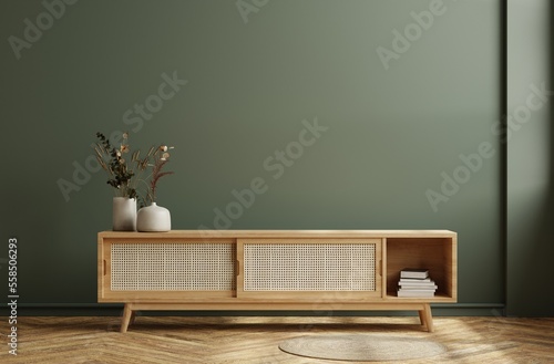 Fotobehang Modern interior of living room with cabinet for tv on dark green color wall background