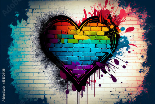 Colorful graffiti heart on the brick wall as a love symbol, Generative AI