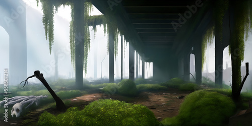Post apocalypse urban landscape: moss-covered columns under a flyover, bones and green vegetation. Observer's point of view. Digital painting style