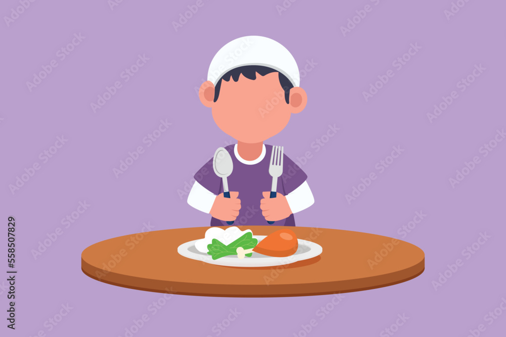 Cartoon flat style drawing little kid eating healthy morning breakfast. Happy Arabian child eat delicious food with fried chicken at home. School boy enjoying dish. Graphic design vector illustration