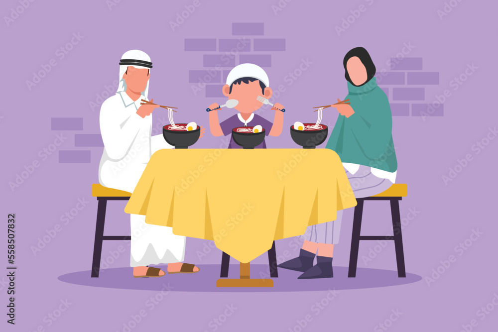 Cartoon flat style drawing Arabian father mother and little son eating noodle at dining room. Happy family having dinner with delicious ramen. Tasty Japanese food. Graphic design vector illustration Cartoon flat style drawing Arabian father mother and little son eating noodle at dining room. Happy family having dinner with delicious ramen. Tasty Japanese food. Graphic design vector illustration