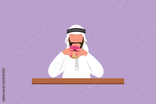 Character flat drawing of young Arabian man hold and eat sweet donut for breakfast. Happy male having yummy dessert and sitting at table. Delicious tasty fast food. Cartoon design vector illustration