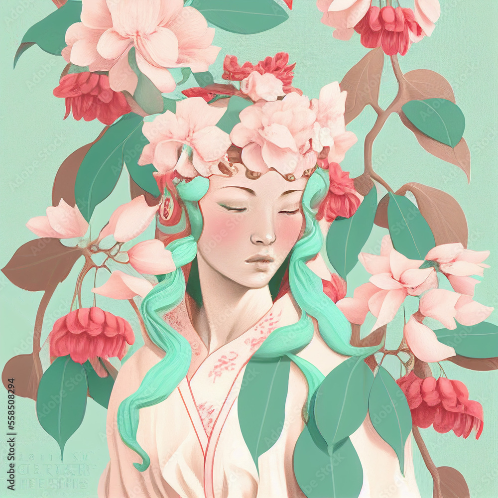 portrait of a woman valentine background with hearts girl with roses illustration of an angel with heart in Japanese style portrait of a woman valentine background with hearts girl with roses illustration of an angel with heart in Japanese style