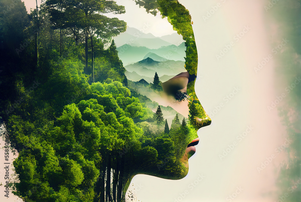 Environmental protection, sustainability and global warming protection represented by a woman and a green forest, double exposure. Ai generated image
