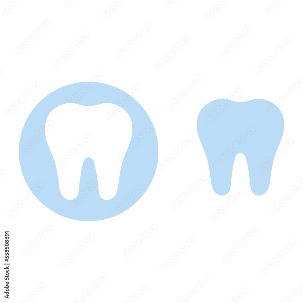 Blue colored tooth and tooth on a blue background. White tooth icon. Vector illustration.