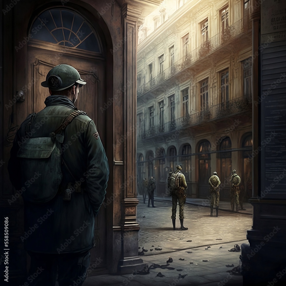 Empty Streets in Old Town: Patrols and Communist Soldiers Check for Freedom and Cause Anxiety generated by artificial intelligence