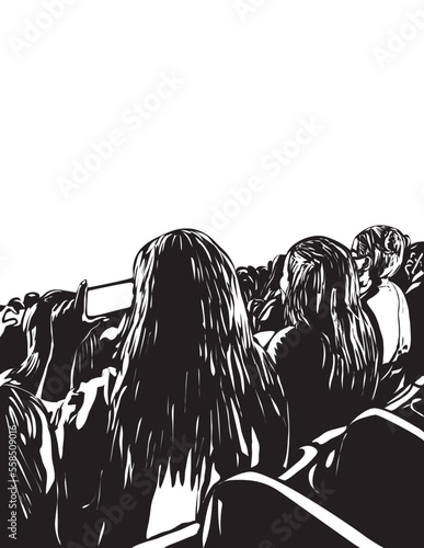 Woodcut style illustration of a large crowd of young people with cellphone or mobile phone at a live concert music event party festival with white on black background done in retro stencil style.