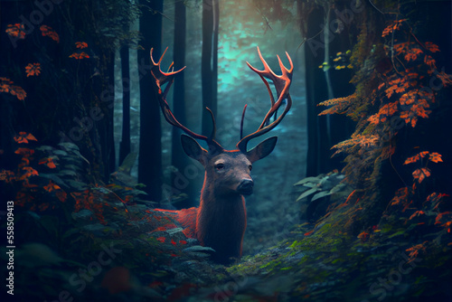 A deer is getting lost in the forest. Lovely deer. Beautiful old forest. Deer illustration. Generative AI.