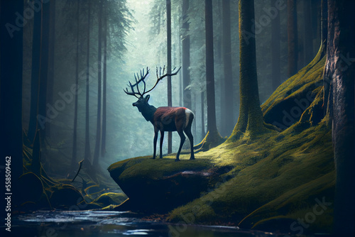 A deer is getting lost in the forest. Lovely deer. Beautiful old forest. Deer illustration. Generative AI.