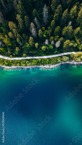 Beautiful top view of a lake surrounded by forest in the middle of the Alps, Gosausee, Austria