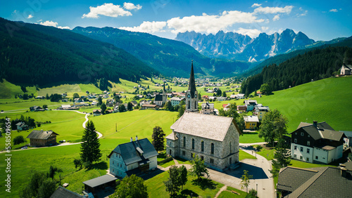 Catholic Church morning view of the Gosau village in the district of Gmunden in Upper Austria, Europe. © Sanfira