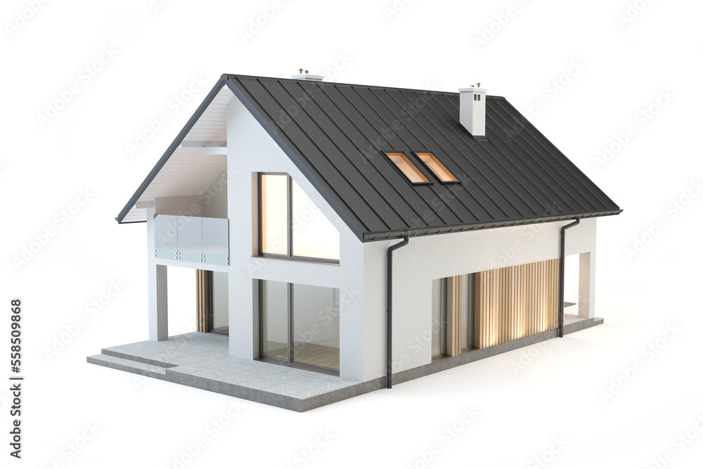 Modern house isolated on white background. Single family home. 3D illustration Modern house isolated on white background. Single family home. 3D illustration