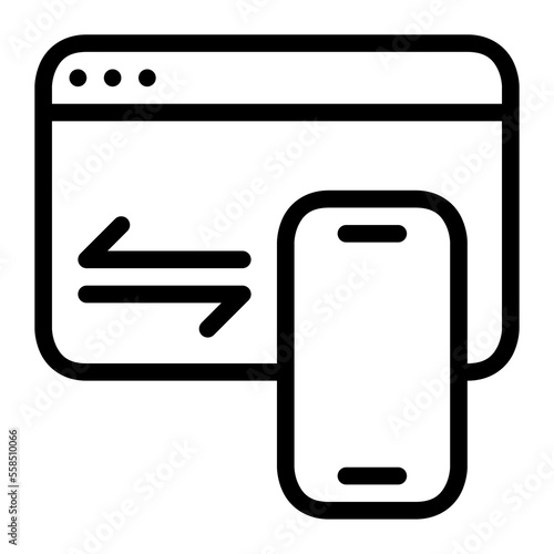 Isolated pairing smartphone with computer in outline icon on white background