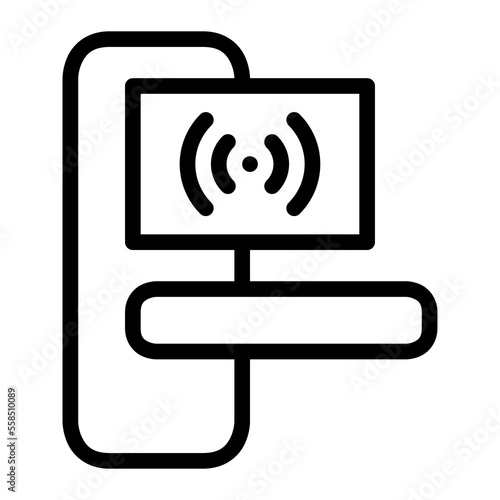 Isolated smart lock with key card in outline icon on white background. Smart door, smart home, iot, security, tech, smart card