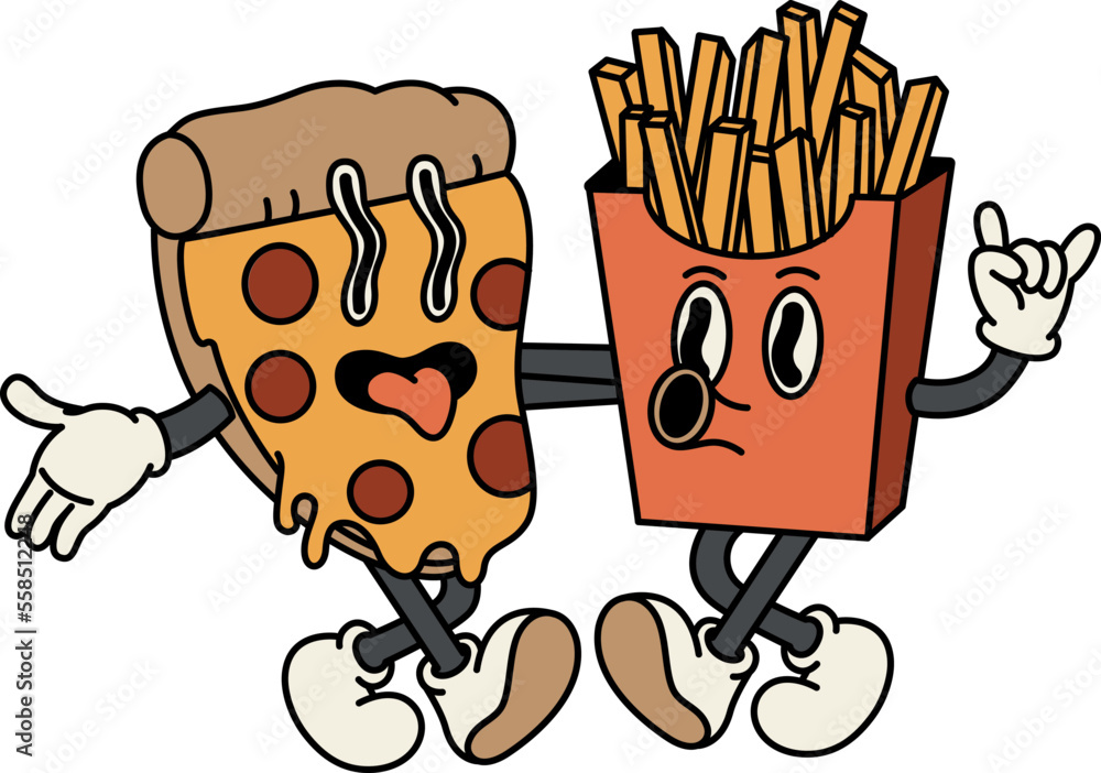 A slice of pizza and french fries are hugging together. Happy and