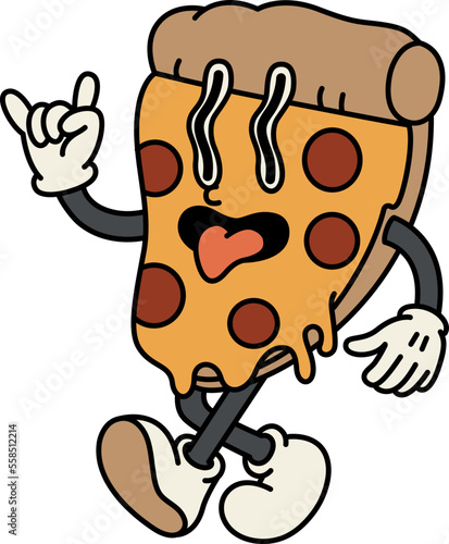 A funny slice of pizza walking. Happy and cheerful emotions. Old animation 60s 70s, smiled mascot character.Trendy illustration in retro style. Vector on isolated background.