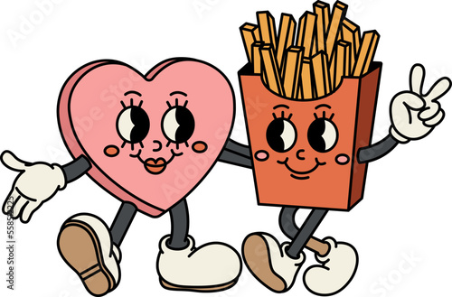 Candy heart and french fries are hugging together. Happy and cheerful emotions. Old animation 60s 70s, funny cartoon characters.Trendy Valentine's Day illustration in retro style. Vector.