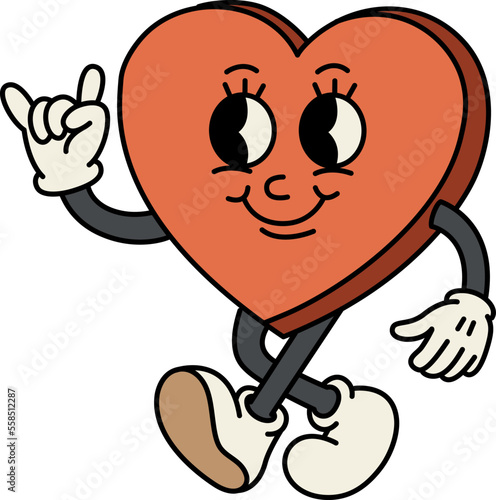 A funny candy heart walking. Happy and cheerful emotions. Old animation 60s 70s, smiled mascot character.Trendy Valentine's Day illustration in retro style. Vector on isolated background.