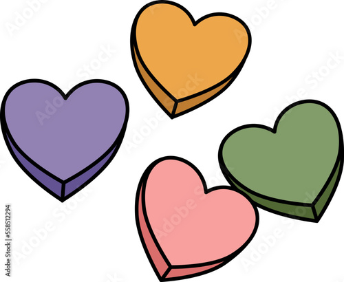 Colorful conversation candy heart sweets. Trendy Valentine's Day illustration in doodle style. Vector on isolated background.