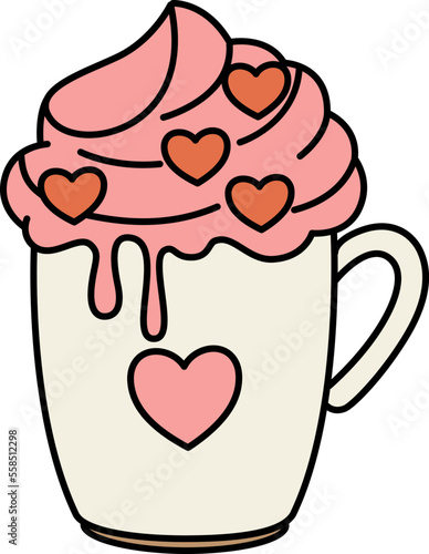 A cup of Valentine's coffee. Hot coffee drink with candy hearts.Trendy Valentine's Day illustration in doodle style. Vector on isolated background. photo