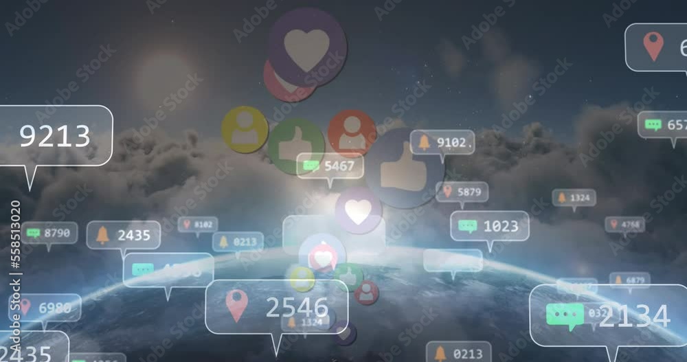 Animation of social media icons with numbers over sky with clouds Animation of social media icons with numbers over sky with clouds