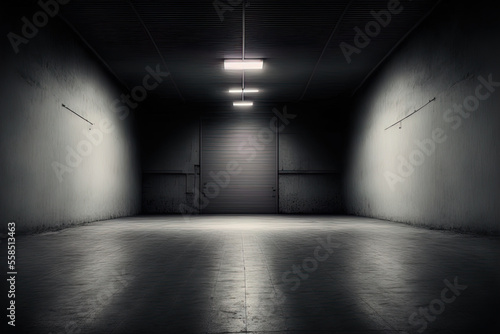 hazy background and abstract warehouse lighting. Generative AI © 2rogan