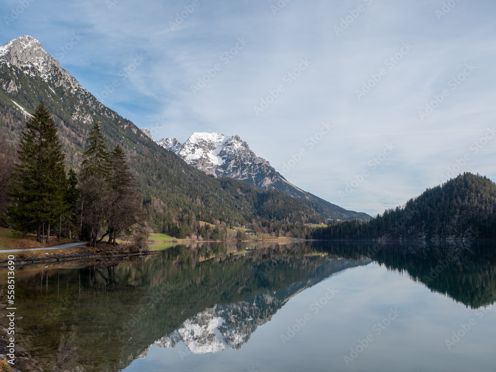 Reflection in lake, nobody. Nice day at the Hintersteiner See, Austria.	