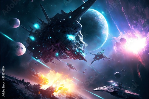 Slika na platnu Sci-fi space battle scenery with capital ships and spaceships fighting next to b