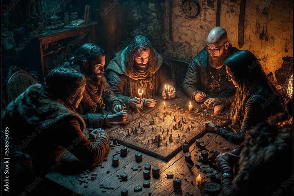 Naklejka premium Roleplaying scenery in fantasy dungeon interior with characters playing tabletop rpg games