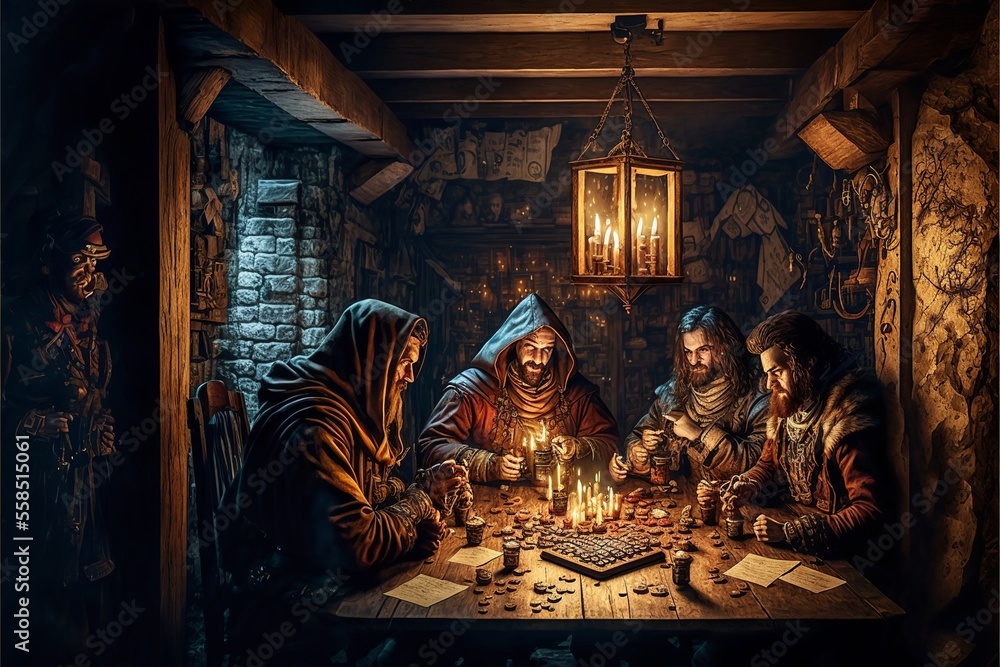 Roleplaying scenery in fantasy dungeon interior with characters playing