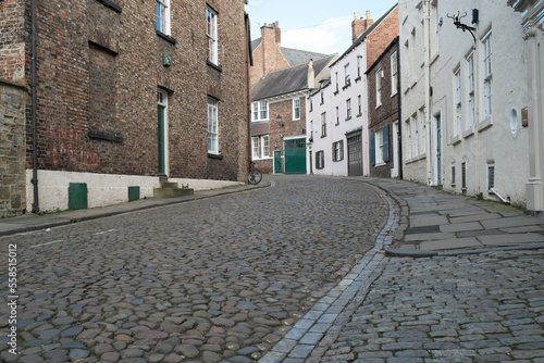 An old cobblestone street in Durham, in northeast England.