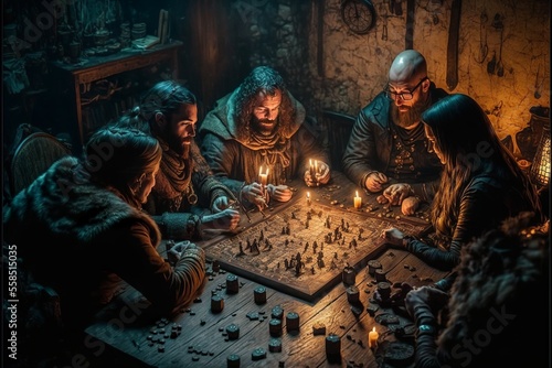 Roleplaying scenery in fantasy dungeon interior with characters playing tabletop rpg games photo