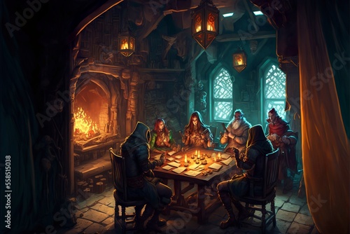 Roleplaying scenery in fantasy dungeon interior with characters playing tabletop rpg games
