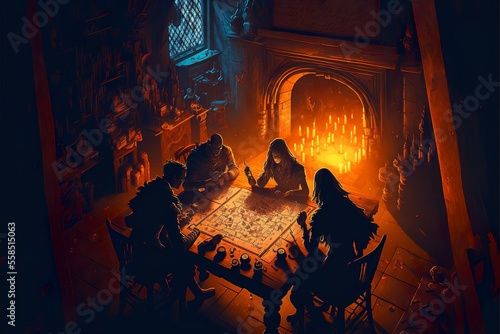 Roleplaying scenery in fantasy dungeon interior with characters playing tabletop rpg games with fireplace photo