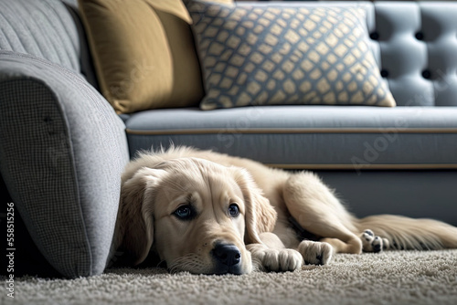 Concept of domestic animals. A picture of an adorable puppy laying on a gray area rug in a living room at home. A contented golden retriever rests next to a couch in a contemporary home with free copy