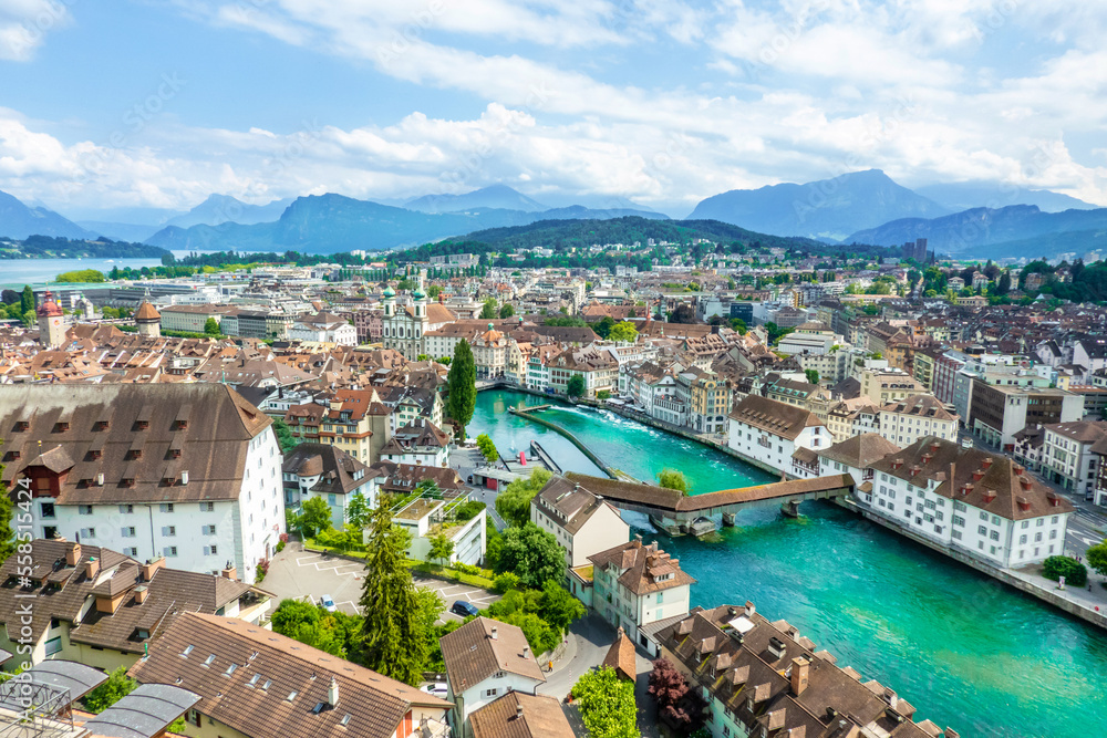 Scenic summer aerial view of the Old Town medieval architecture in Lucerne, Switzerland
