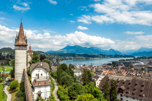 Aerial panorama of Musegg wall, Lucerne, Switzerland
