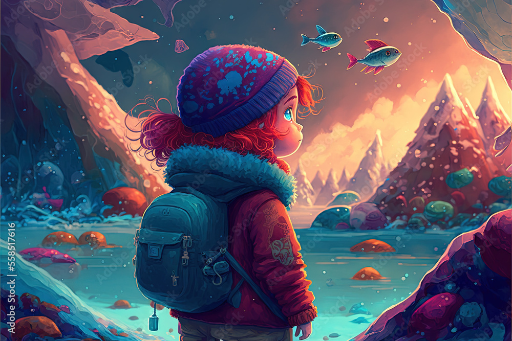 Cartoon kid wearing a schoolbag and a hat in a fantasy landscape Cartoon kid wearing a schoolbag and a hat in a fantasy landscape