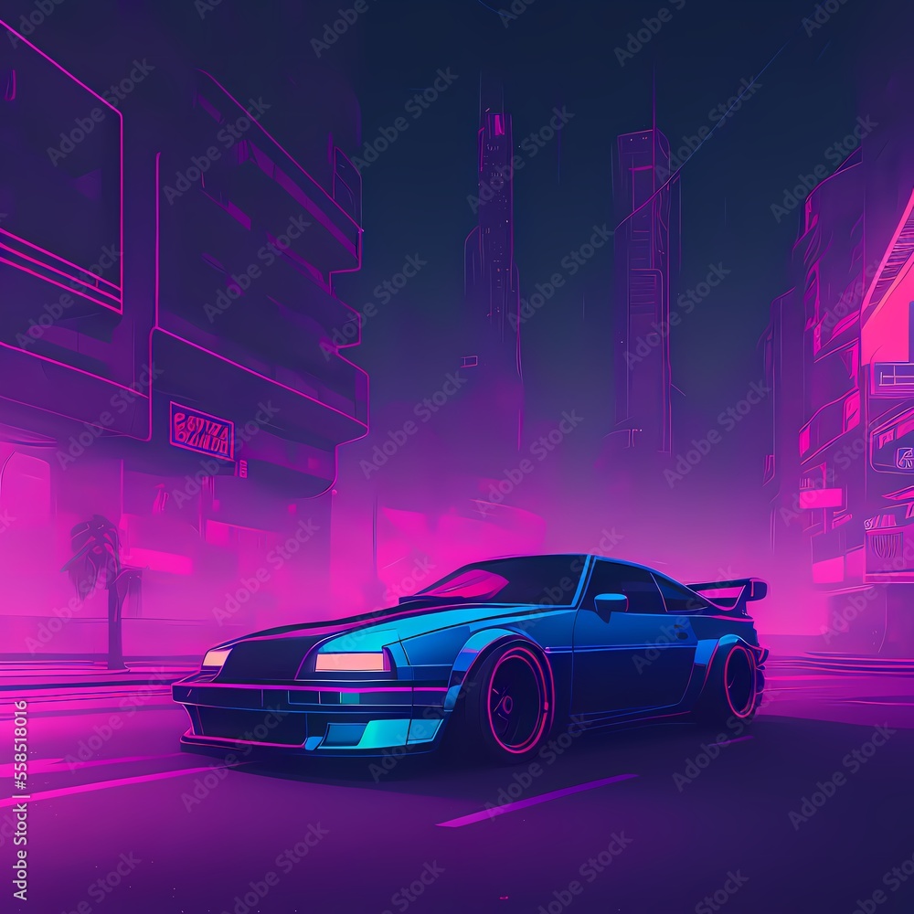 a car driving down a city street in the neon light of the night time, with a futuristic city in the background Ai