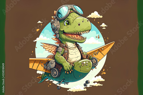 cartoon t shirt illustration of a dinosaur pilot. Generative AI