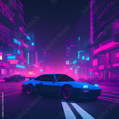 a car driving down a city street at night with neon lights on the buildings and buildings in the background Ai