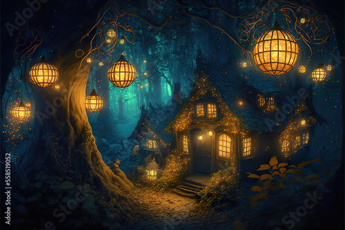 Enchanted house with glowing lanterns, in the forest.