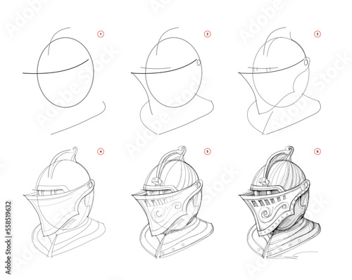 Page shows how to learn to draw sketch of ancient knight helmet. Pencil drawing lessons. Educational page for artists. Textbook for developing artistic skills. Online education. Vector image.