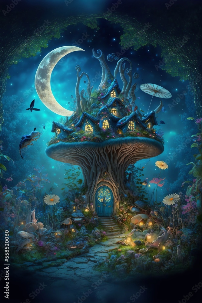 A fairy mushroom house under the stars