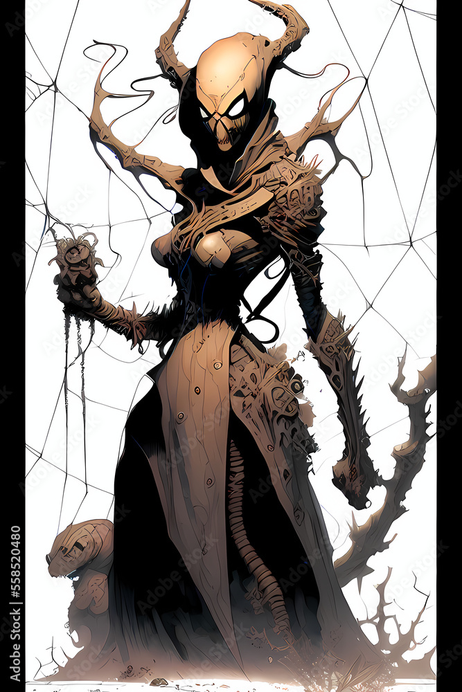 Obraz premium A fantasy board game card/colouring book page: Mutated spider woman. AI-generated