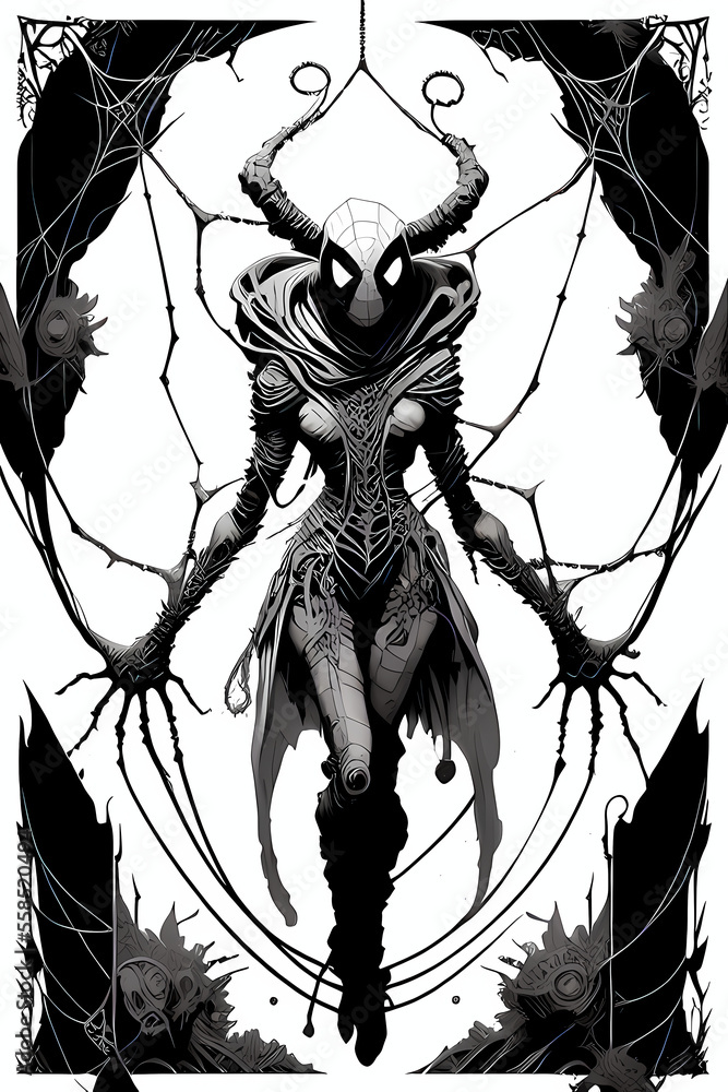 Naklejka premium A fantasy board game card/colouring book page: Mutated spider woman. AI-generated
