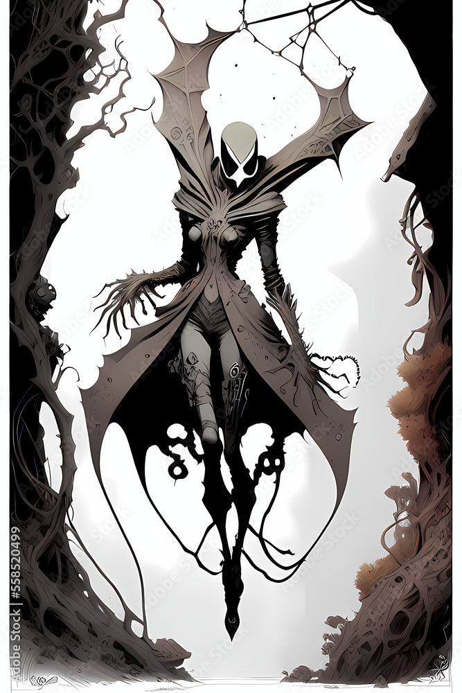 Naklejka premium A fantasy board game card/colouring book page: Mutated spider woman. AI-generated