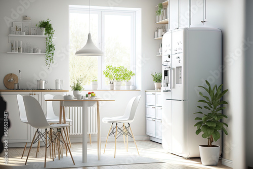 Scandinavian interior design and a brand new, bright kitchen. In the dining area, there is white furniture with utensils, colored cups and a kettle, shelves with dishes and potted plants, a refrigerat