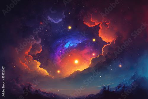 star filled sky starfall nebula Orange, violet, blue a spectacular cloudscape at sunset in the summertime. Generative AI © 2rogan